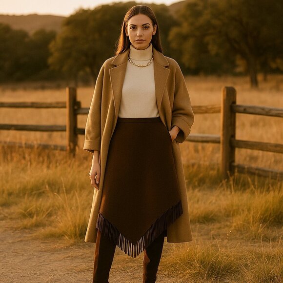 Peruvian Connection Baby Alpaca Wool Fringe Skirt in Chestnut Truffle Brown - Picture 2 of 9